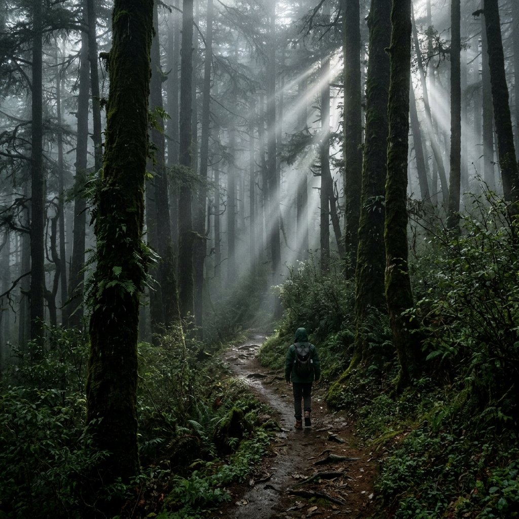 Silent retreats in the Himalayas — a solitary figure walking through misty Himalayan forest