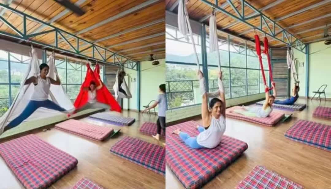 Aerial yoga group session in Rishikesh