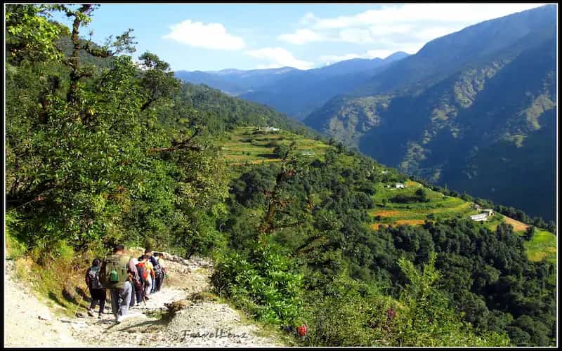 Trekkers hiking through the dense oak forests near Lohajung