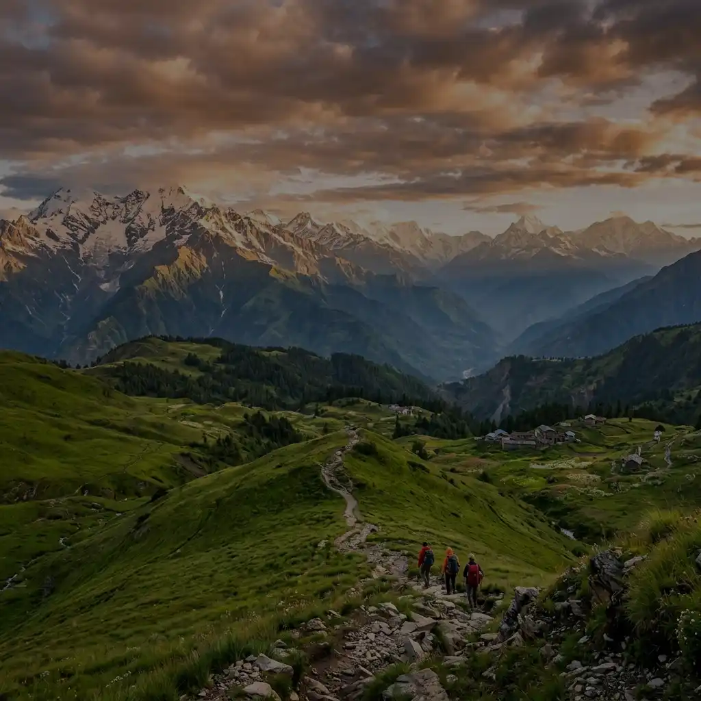 Golden-hour Himalayan peaks with an alpine trekking trail
