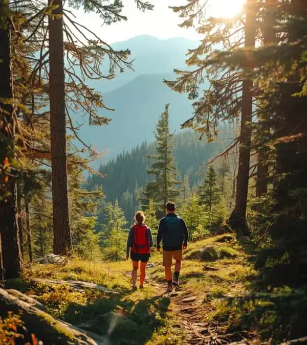 Quiet forest walk during a rest retreat — slow movement through deodar trees in the Himalayas