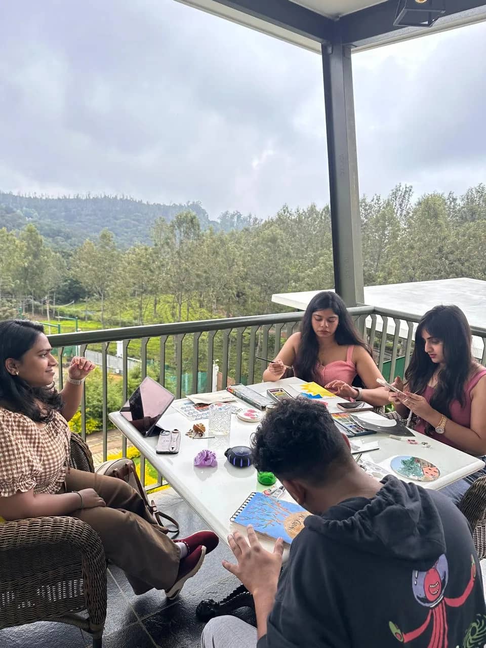 Mountain-view art therapy session in Rishikesh guided by Chaitra Ram
