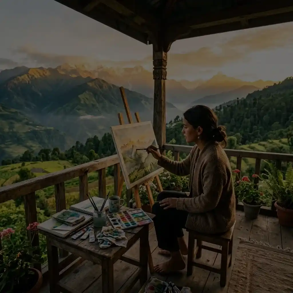 Creative healing retreat in the Himalayas — painting and yoga with mountain views in Uttarakhand