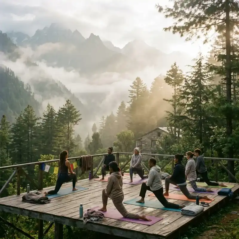 Custom yoga session during a private retreat — personalised practice in a mountain setting