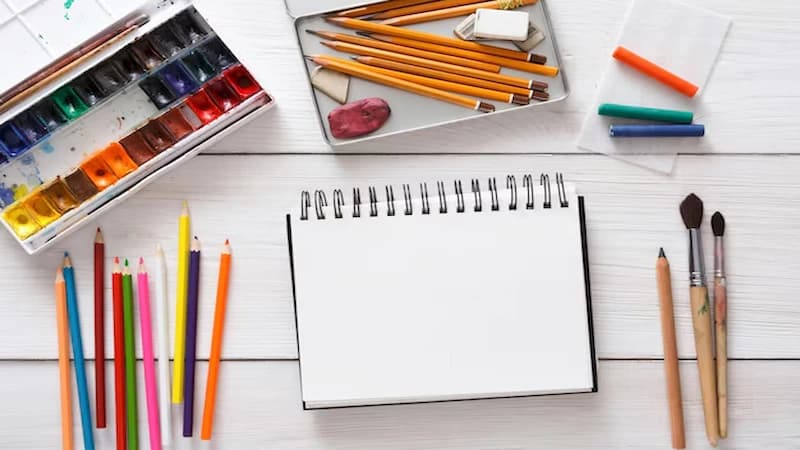Art retreat packing list — supplies flat lay