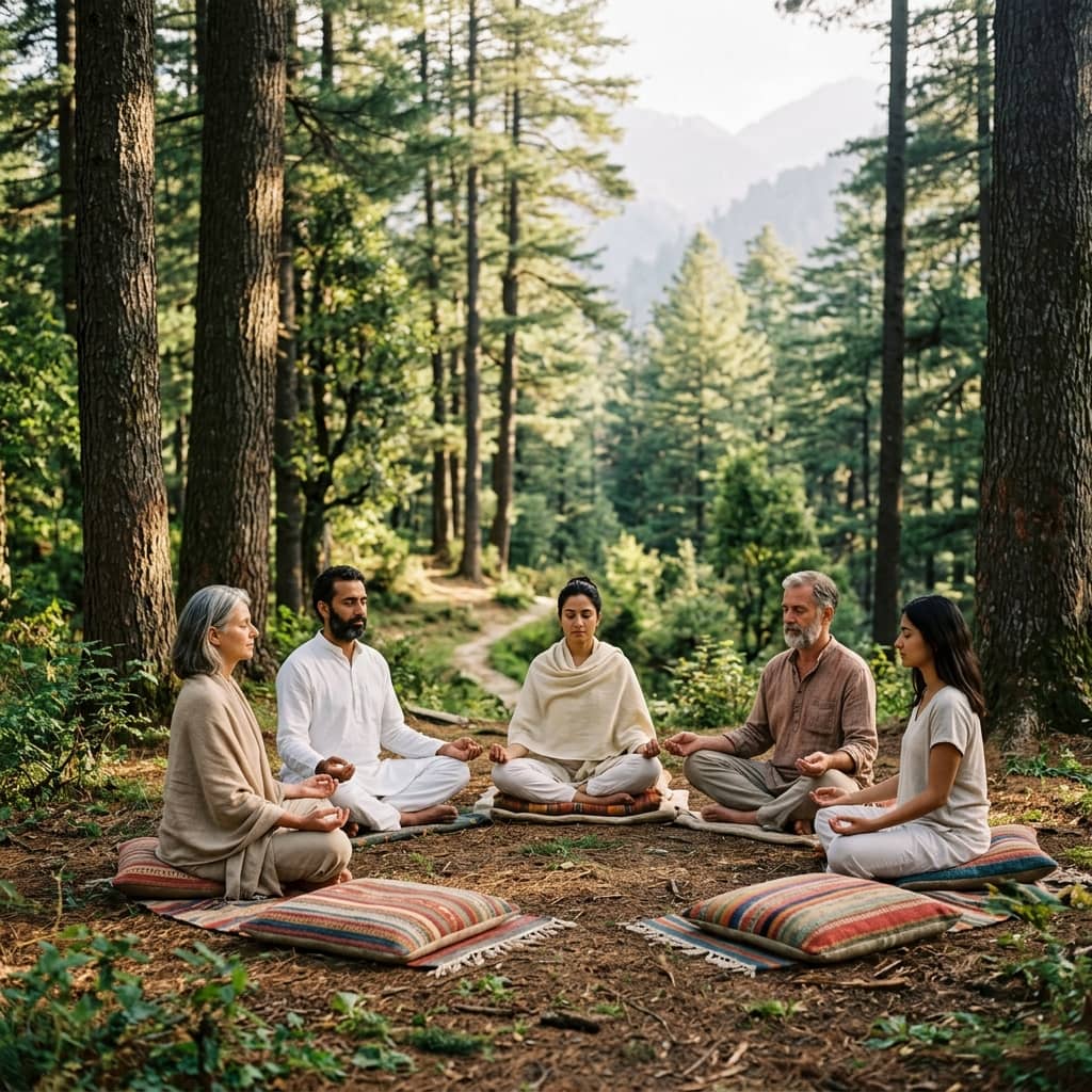 Group session during a sound healing retreat — receptive healing through vibration in the Himalayas
