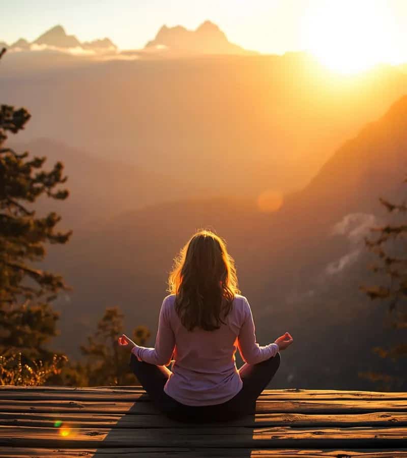 Morning meditation on a wooden deck overlooking Himalayan valley