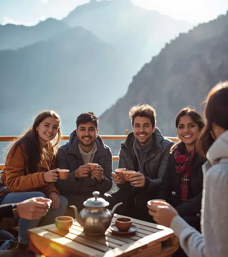 Group of friends having chai on a sunlit mountain terrace