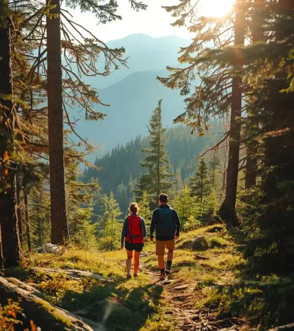 Two people walking on a forest trail in the Himalayas