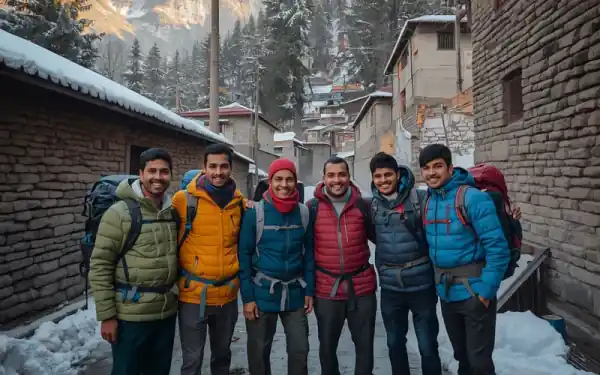 Trekkers having hot tea at a snowy campsite