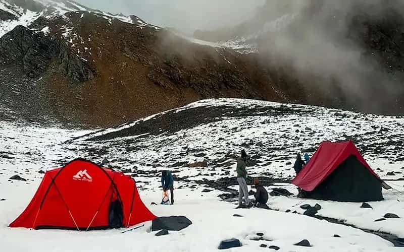 Steep snow climbing during the alpine start on summit day