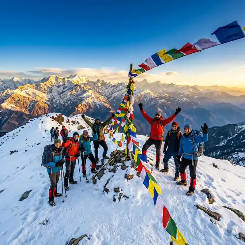 Trekkers making their way to the snowy summit of Kedarkantha at sunrise