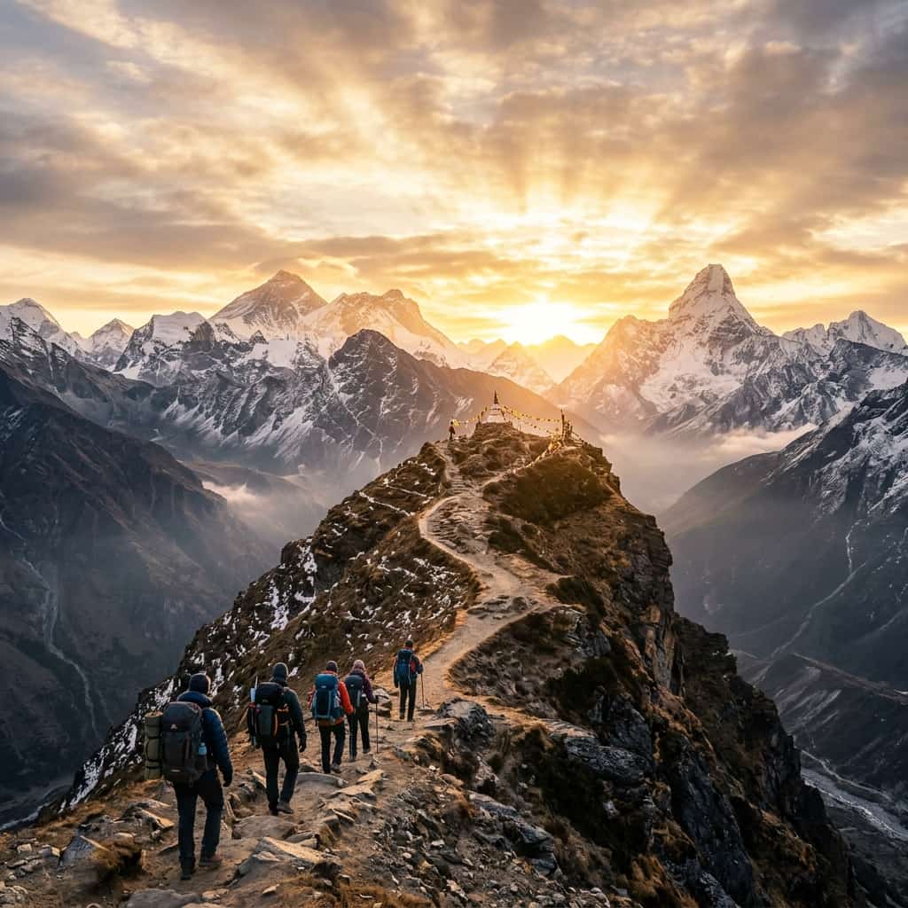 Sunrise on Brahmatal summit ridge with Trishul and Nanda Ghunti in the distance